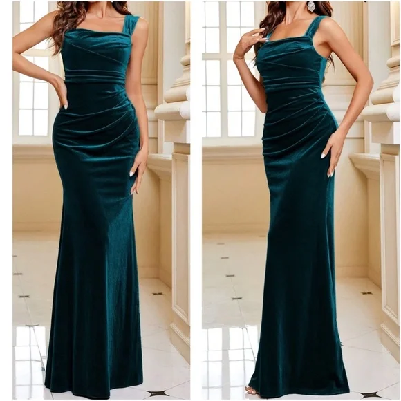 Luxe Velvet Ruched Party Formal Wedding Black Tie Maxi Dress - Picture 2 of 6